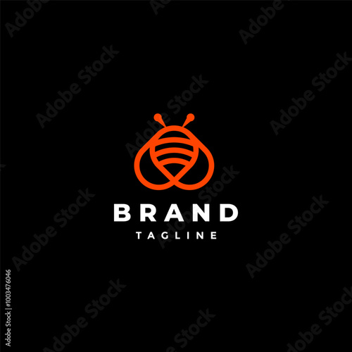 Simple Cute Orange Bee Logo Design. Orange Round Bee Icon In Black Space Logo Design.