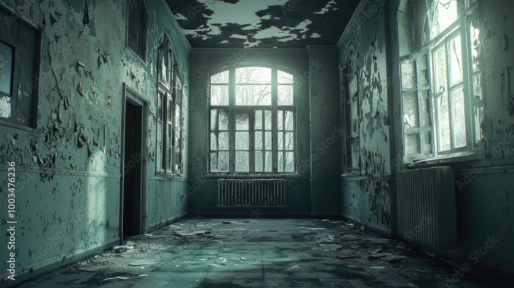 An Abandoned Hallway With Peeling Paint and a Window View An Abandoned Hallway With Peeling Paint and a Window View