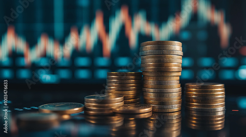 Stacks of coins forming an upward trend with stock market charts in the background