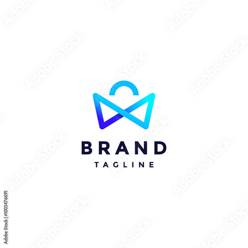 Blue Infinity Shopping Bag Line Logo Design. One Infinity Line Shaped Shopping Bag Logo Design.