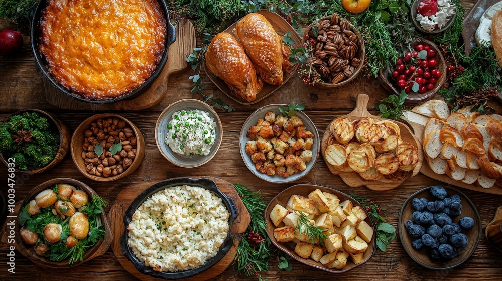 A festive spread featuring various delicious dishes for a celebratory meal. A festive spread featuring various delicious dishes for a celebratory meal.