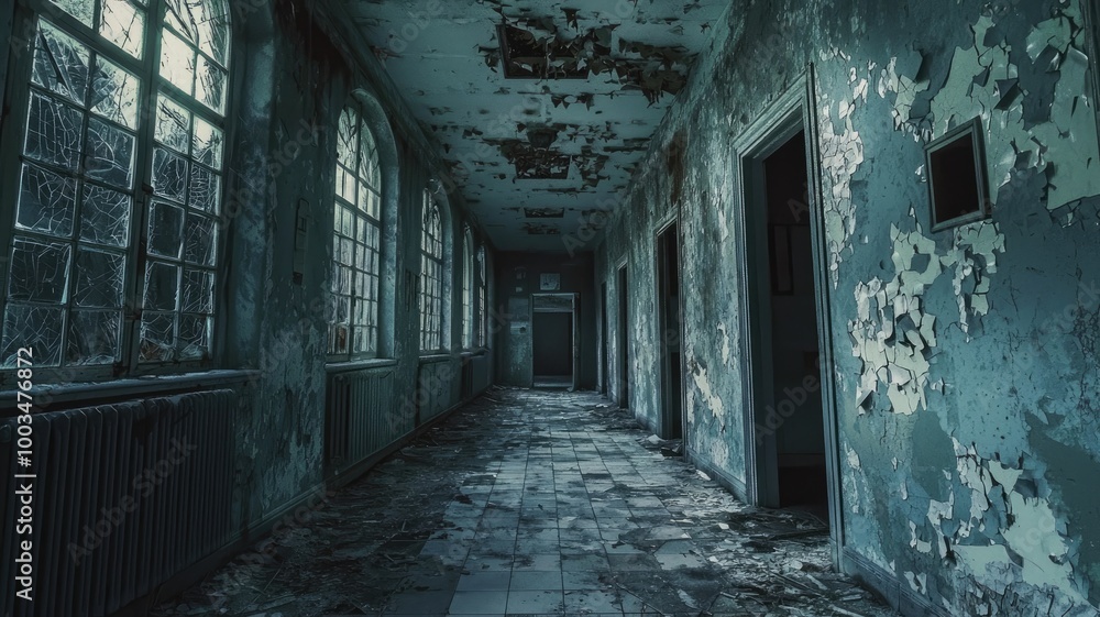 Decaying Hallway in an Abandoned Building with Cracked Windows and Peeling Paint Decaying Hallway in an Abandoned Building with Cracked Windows and Peeling Paint