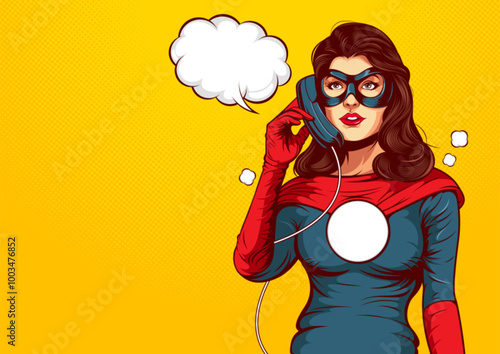 Comic Superhero Woman Talking on the Phone, Pop Art Manga Style with Speed Lines and Fast Boom Beam Action, Perfect for Adding Logos or Text in the White Space for Custom Designs