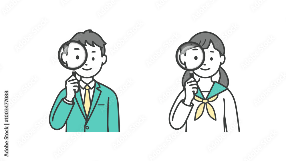 虫眼鏡を持つ男女の学生の上半身イラスト
