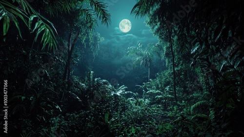 Lush Green Jungle Underneath a Full Moon at Night