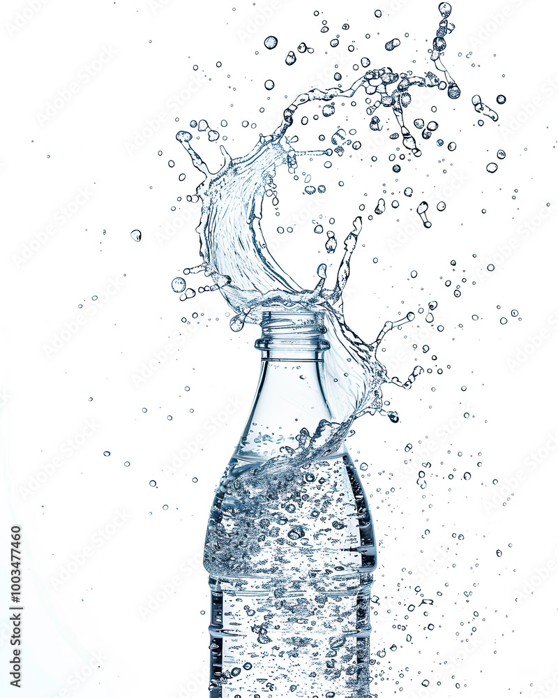 Mineral water splashes from bottle; intricate arcs, bubbles, droplets on a pure white background.
