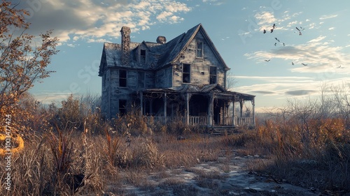 A dilapidated wooden house with broken windows, surrounded by tall dry grass and bare trees, under a cloudy blue sky. photo