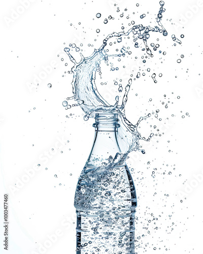 Obraz na płótnie Mineral water splashes from bottle; intricate arcs, bubbles, droplets on a pure white background. w salonie