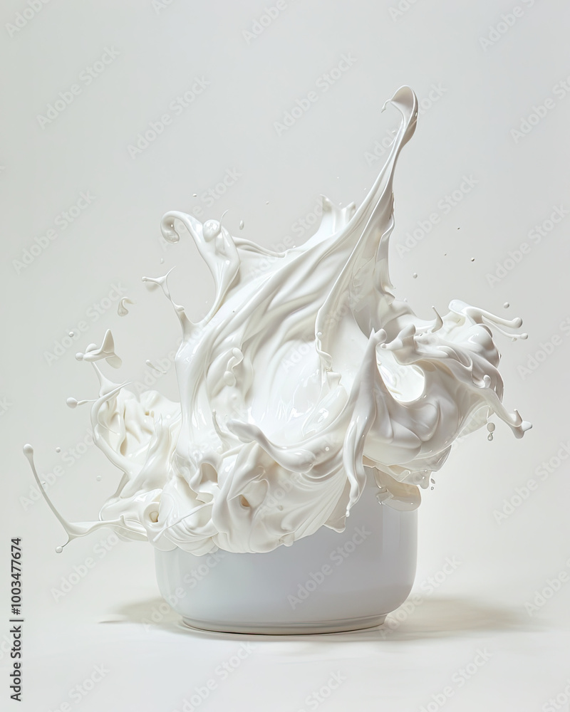 Whipped cream splashes from bowl; fluffy swirls, scattered peaks, smooth on a pure white background.