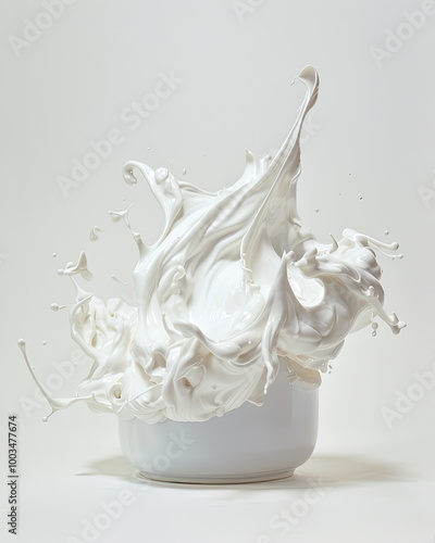 Obraz na płótnie Whipped cream splashes from bowl; fluffy swirls, scattered peaks, smooth on a pure white background. w salonie