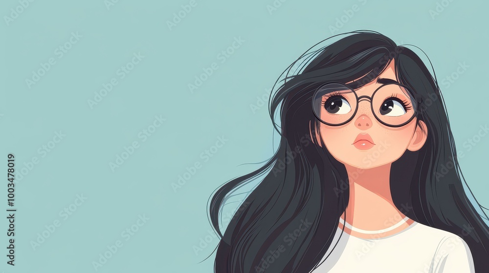A stunning anime girl with glasses gazes upwards, set against a simple, clean backdrop to emphasize her charm. A stunning anime girl with glasses gazes upwards, set against a simple, clean backdrop to emphasize her charm.