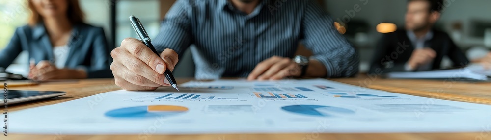 A business leader writing on a whiteboard during a strategy meeting, with graphs and data projected behind and room for a headline about strategic goals. Flat design A business leader writing on a whiteboard during a strategy meeting, with graphs and data projected behind and room for a headline about strategic goals. Flat design