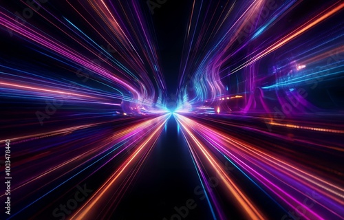 Abstract light trails with glowing lines of blue, pink, and orange against a black background.