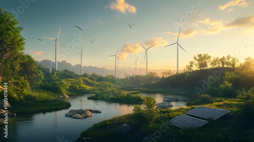 A landscape where towering, futuristic wind turbines and solar panels rise from the ground, surrounded by wildlife and clean rivers. The clear sky above reflects the success of reducing emissions and 