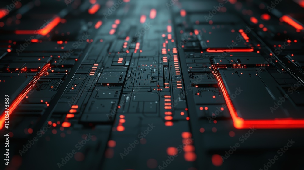 Obraz premium Red glowing lines on a dark circuit board