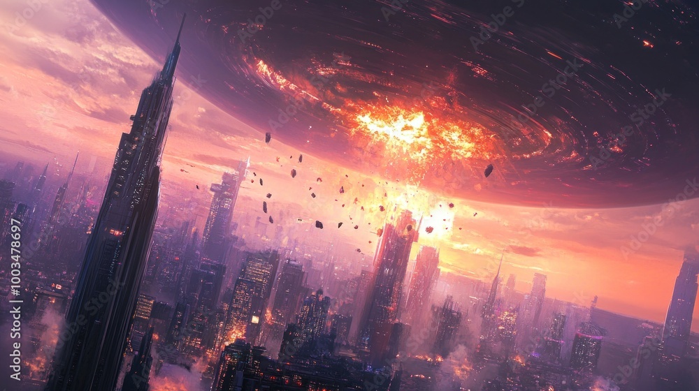 Fototapeta premium Apocalyptic Cityscape: A Fiery End