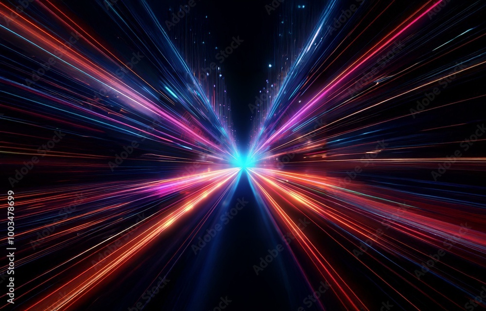 Bright, neon-colored light streaks radiate outwards on a dark background. Bright, neon-colored light streaks radiate outwards on a dark background.