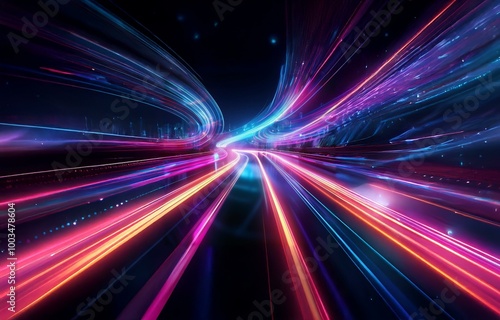 Abstract background with blurred colorful lines of light.