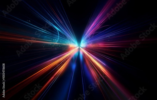 Abstract background with colorful light streaks converging in the center, creating a sense of speed and energy.