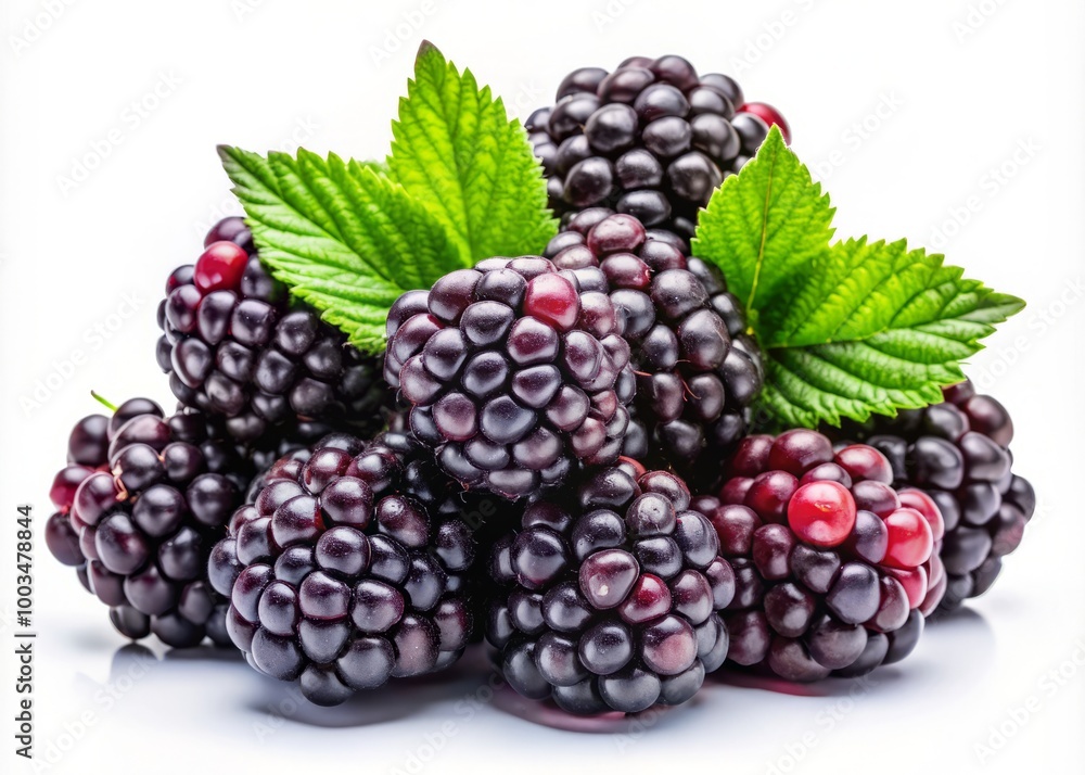 Vibrant blackberries against a bright white backdrop highlight their rich texture and intricate details, showcasing the Vibrant blackberries against a bright white backdrop highlight their rich texture and intricate details, showcasing the