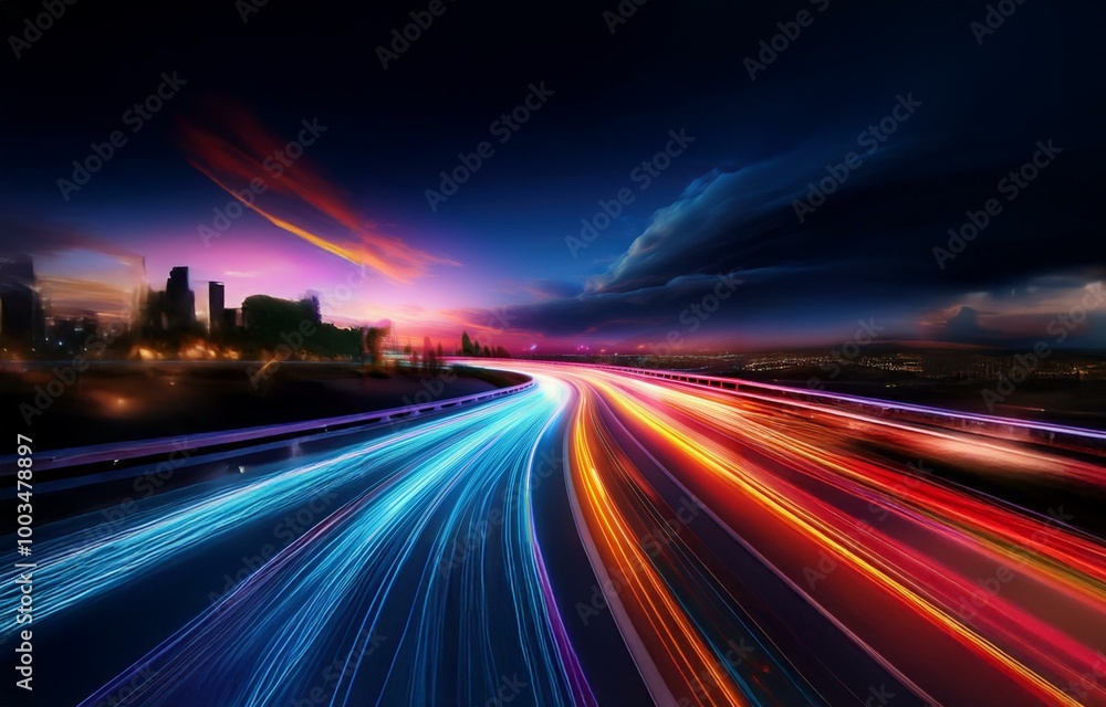 A city skyline at dusk with colorful streaks of light on a highway curving into the distance. A city skyline at dusk with colorful streaks of light on a highway curving into the distance.