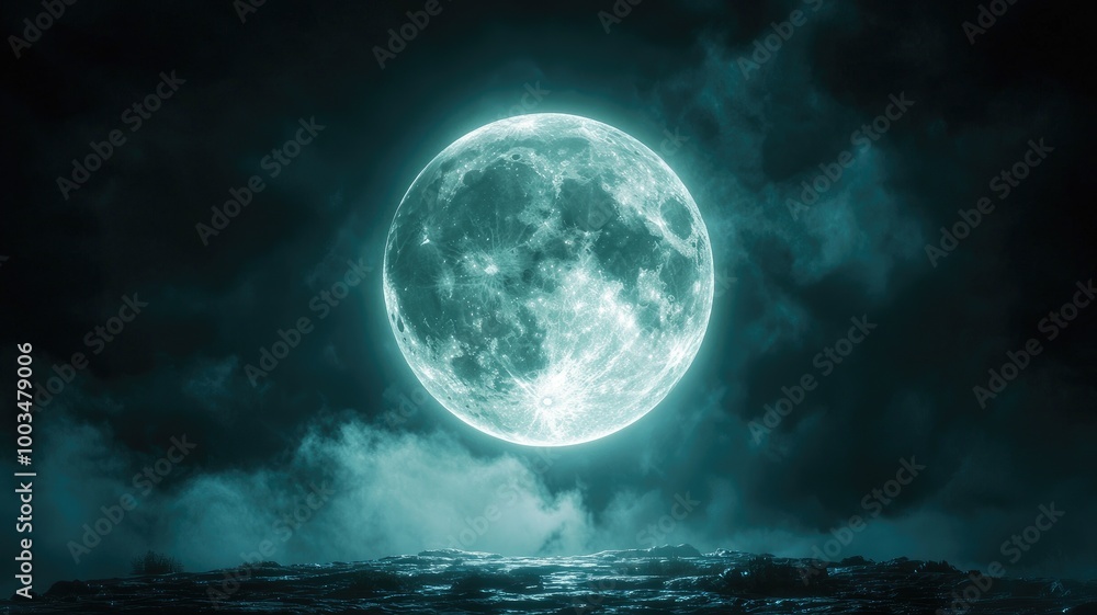 A large, full moon illuminating a dark, rocky landscape with a green hue. A large, full moon illuminating a dark, rocky landscape with a green hue.