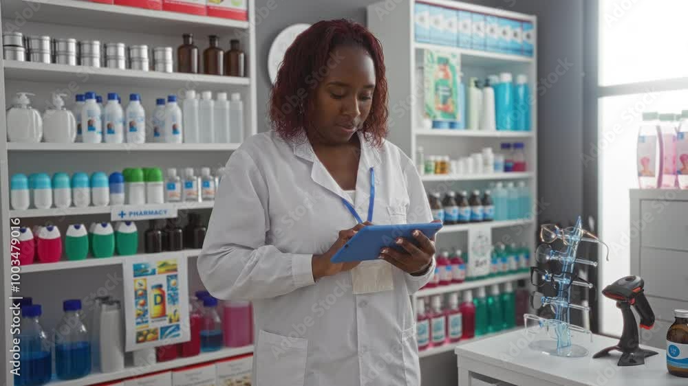 Young, african, american woman in a pharmacy store wearing a lab coat and using a tablet surrounded by medicine shelves. Young, african, american woman in a pharmacy store wearing a lab coat and using a tablet surrounded by medicine shelves.