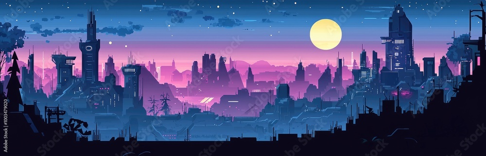 Fototapeta premium Futuristic Cityscape with a Full Moon and Stars at Dusk
