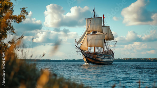 Fototapeta Naklejka Na Ścianę i Meble -  Columbus and the Seas, showcasing a majestic ocean scene with a ship, with copy space, Columbus Day