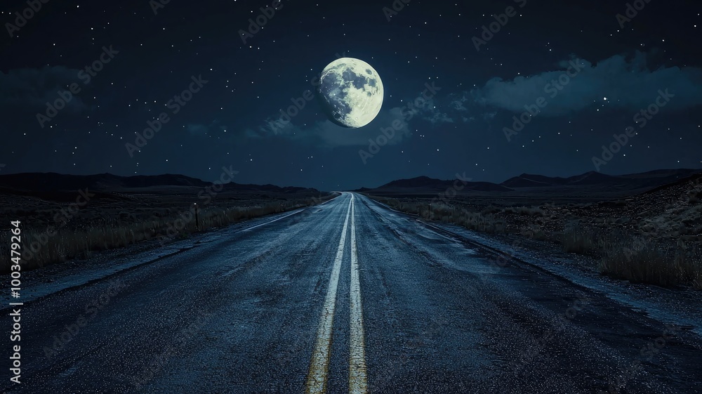 A Desolate Road Under a Full Moon and Starry Sky