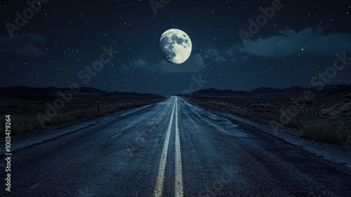 Obraz na płótnie A Desolate Road Under a Full Moon and Starry Sky w salonie