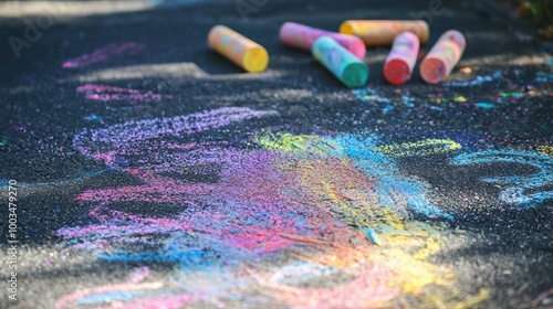 Colorful sidewalk chalk art on asphalt pavement with several pieces of chalk in vibrant hues scattered around.