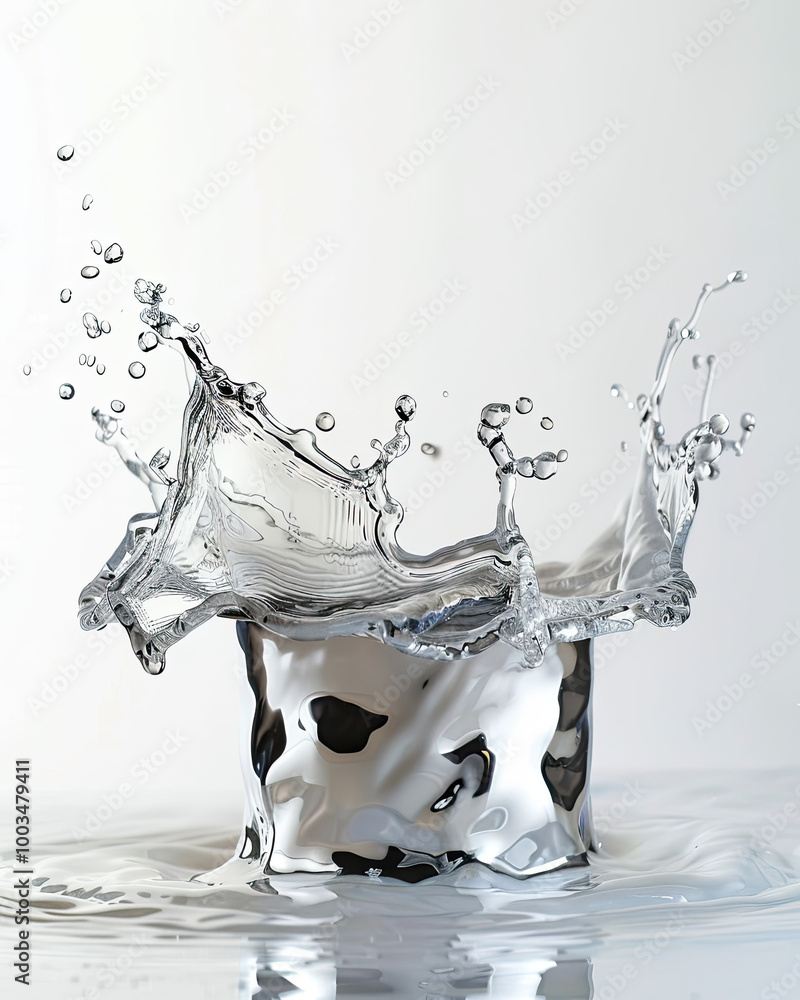 Paint thinner splashes from container; chaotic arcs, droplets, fluid on pure white background.