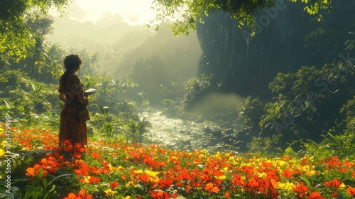 A serene landscape with a person amidst vibrant flowers by a river.