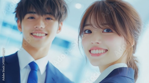 A 3yearold Japanese couple in an office, illuminated by natural light, showcasing a highprecision photographic style. photo