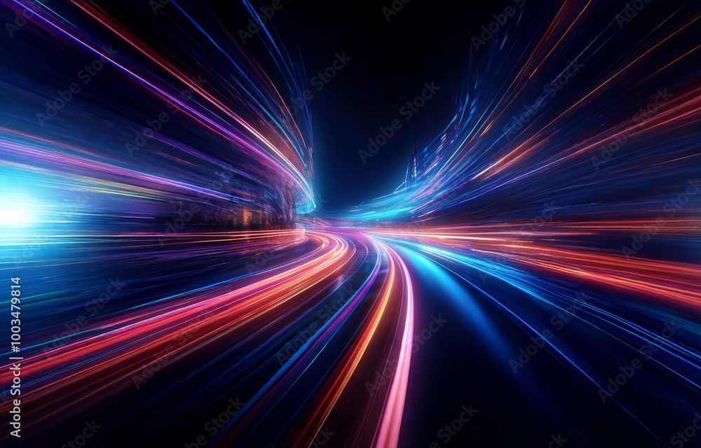 A digital illustration of long, colorful lines of light curving around a dark background. A digital illustration of long, colorful lines of light curving around a dark background.