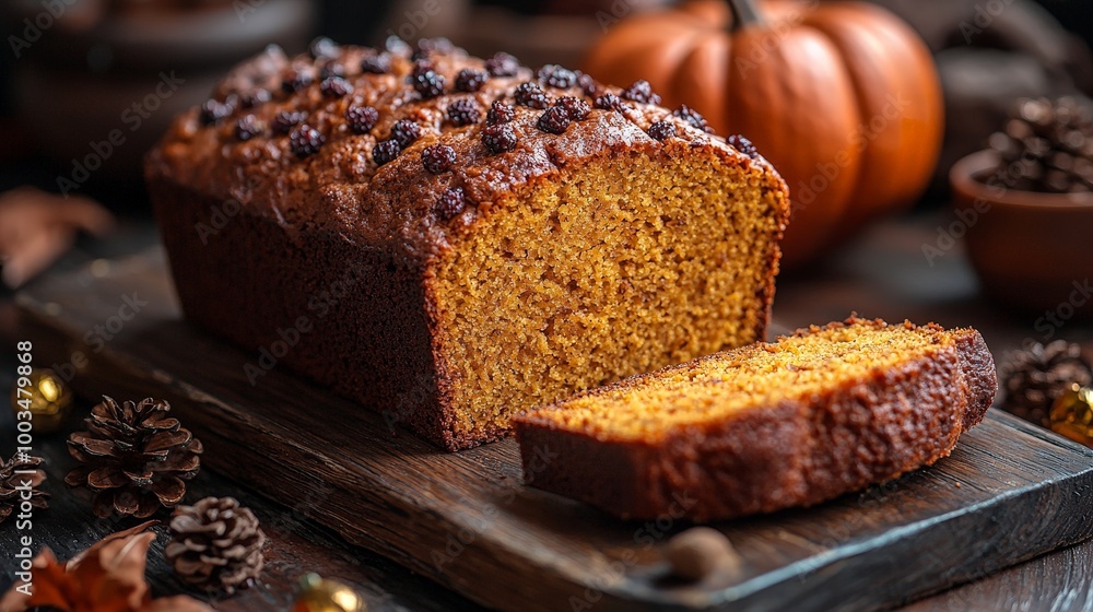 A freshly baked pumpkin loaf cake with a slice cut, surrounded by autumn decorations. A freshly baked pumpkin loaf cake with a slice cut, surrounded by autumn decorations.