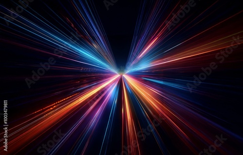Abstract background of blurred light trails in a dark space.