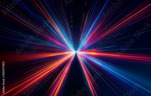 Abstract light streaks in red, blue, and orange radiating outward from a central point in a dark background.