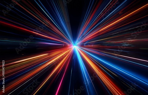 Abstract light trails of blue, orange, and red streak across a black background, converging in the center.