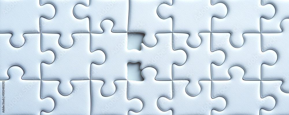 A close-up view of a jigsaw puzzle with a missing piece, showcasing a white isolated background that emphasizes the empty spot. A close-up view of a jigsaw puzzle with a missing piece, showcasing a white isolated background that emphasizes the empty spot.