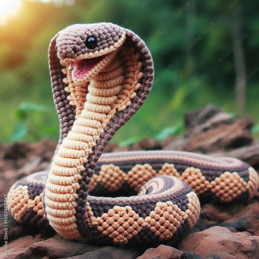 Fototapeta premium Close-up, stylised illustration of a cobra with a pattern on its back against the background of nature