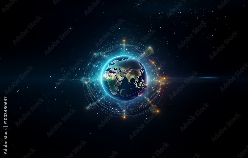 A glowing earth surrounded by a network of connected lines and points with satellites orbiting. A glowing earth surrounded by a network of connected lines and points with satellites orbiting.