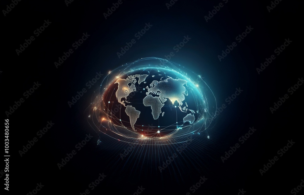 Fototapeta premium A glowing digital representation of the Earth surrounded by lines, dots, and rays of light.