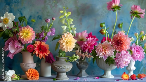 Captivating still life featuring a vibrant floral arrangement in a variety of vases. 