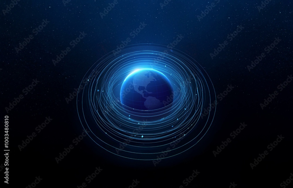 Obraz premium A digital blue globe surrounded by glowing rings of light against a dark blue starry background.
