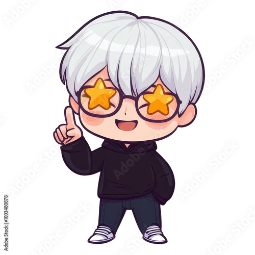 A playful chibi boy sticker, sporting white hair and gray eyes, beams while glowing with energy. Adorable and stylish, its gameready photo