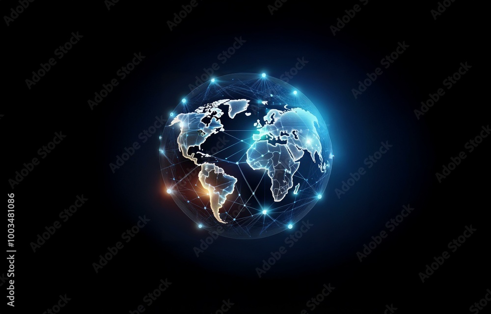 Obraz premium A glowing digital world map with blue and orange accents surrounded by interconnected lines.
