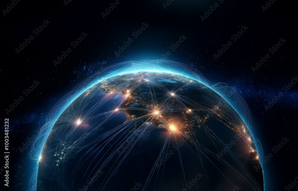 Obraz premium A blue glowing earth with a network of white lines radiating out from cities.