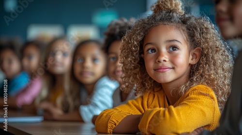 A group of children attentively listening in a classroom setting.